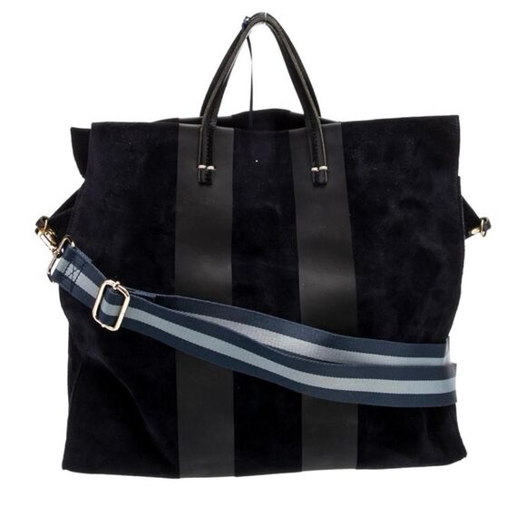 Clare V Navy Suede Tote with Blue Striped Strap - Picture 2 of 6